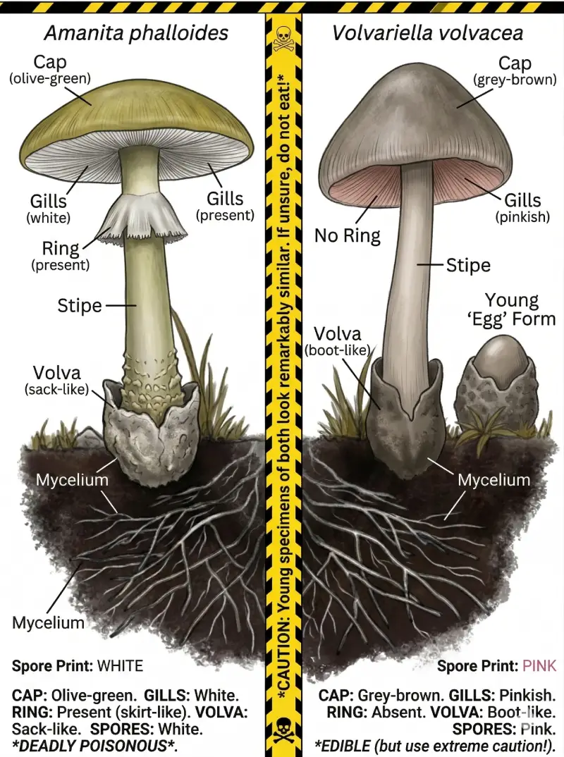 Death Cap vs Paddy Straw Mushroom comparison