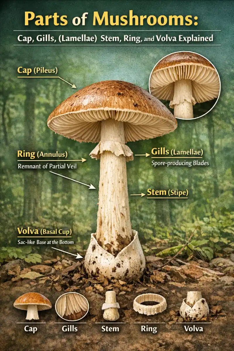 Mushroom parts explained — diagram of cap, gills, stem, ring, and volva anatomy